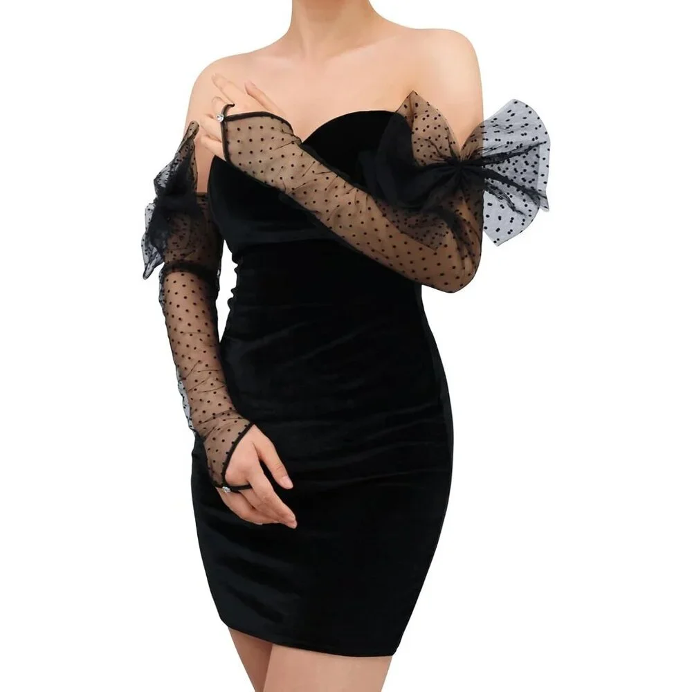 Women's Fingerless Yellow Long Bow Polka Dot Lace Gloves Sheer Party Accessories